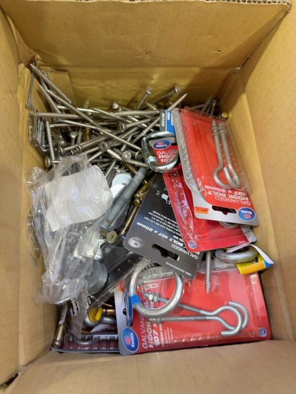 BOX OF ASSORTED HARDWARE ITEMS, SOLD AS IS