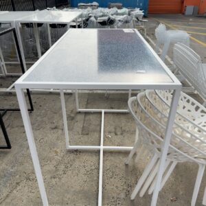 EX HIRE WHITE BAR TABLE WITH BLUE TOP, SOLD AS IS