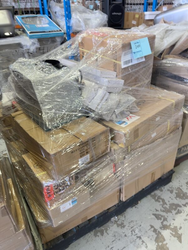 PALLET OF ASSORTED GOODS, INCLUDING TAPWARE, VANITY BOWLS, TOILET SUITES, SHOWER GRATES, RANGE HOOD, HOME THEATRE SYSTEM, SOLD AS IS NO WARRANTY