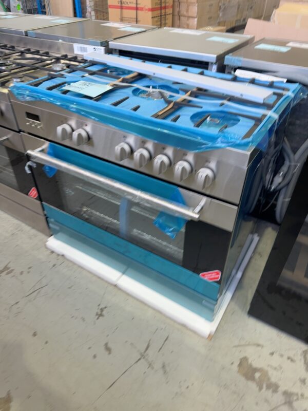 EURO EV900DPSX DUAL FUEL FREESTANDING OVEN 8 MULTIFUNCTIONS CONVENTIONAL THERMOWAVE FAN ASSISTED FULL GRILL FAN FORCED WITH 5 BURNER GAS COOKTOP 2 YEAR WARRANTY
