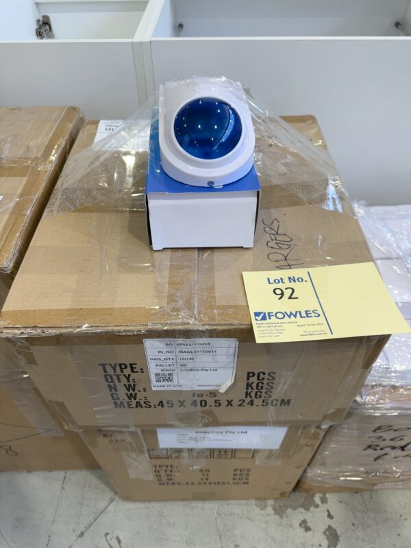 BOX OF BLUE WIRED OUTDOOR SIREN WITH 12 VOLT CHARGERS, QTY 40  SOLD AS IS, NO WARRANTY