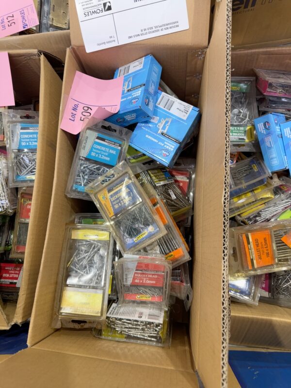 MEDIUM BOX OF ASSORTED OTTER NAILS AND HARDWARE SUPPLIES, SOLD AS IS