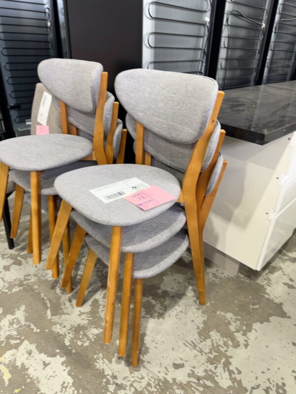 EX STAGING - TIMBER & GREY UPHOLSTERED DINING CHAIR, SOLD AS IS