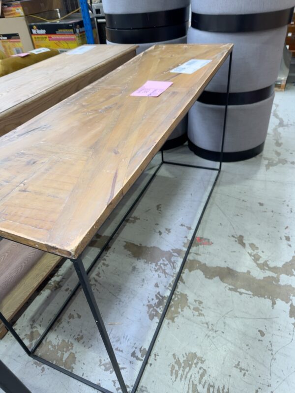 EX STAGING - TIMBER HALL TABLE WITH BLACK METAL FRAME, SOLD AS IS