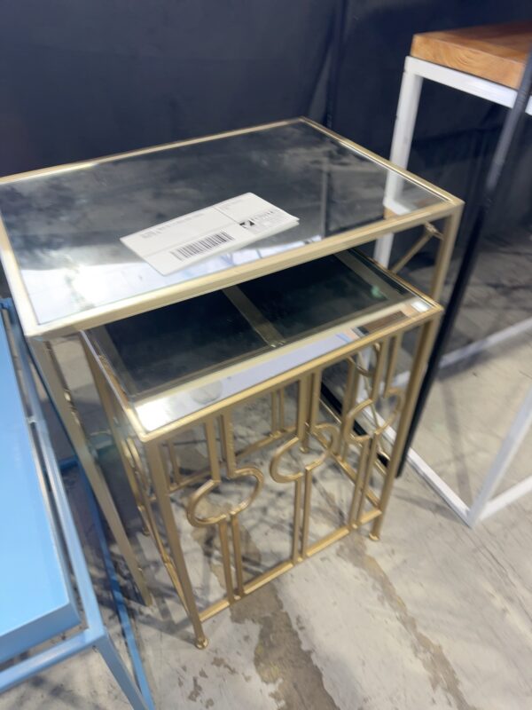 EX HIRE - NEST OF 2 X GOLD SIDE TABLES, SOLD AS IS