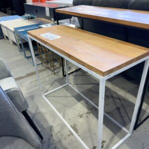 EX HIRE - TIMBER HALL TABLE, WITH WHITE METAL FRAME, SOLD AS IS