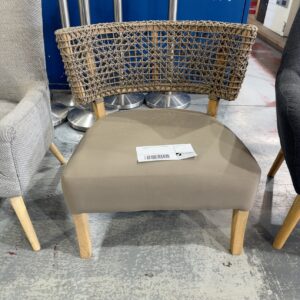 EX STAGING BEIGE CHAIR WITH WOVEN BACK, SOLD AS IS