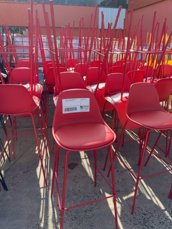 EX HIRE- RED ACRYLIC BARSTOOL WITH PADDED PU SEAT SOLD AS IS