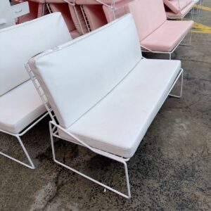 EX HIRE WHITE PU & WHITE METAL FRAME OUTDOOR SOFA, SOLD AS IS
