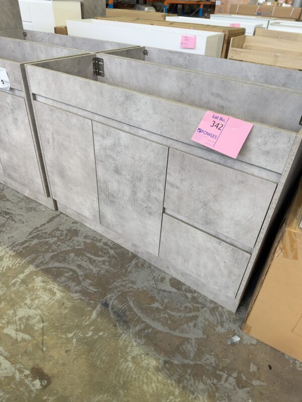 NEW LOLA 1200MM FLOOR VANITY, CONCRETE LOOK CABINET, FINGER PULL WITH RIGHT HAND DRAWER, NO TOPS CA11-1200R