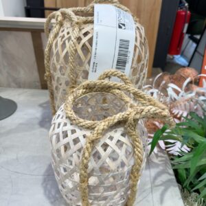 EX STAGING - 2 X RATTAN CANDLE HOLDER, SOLD AS IS