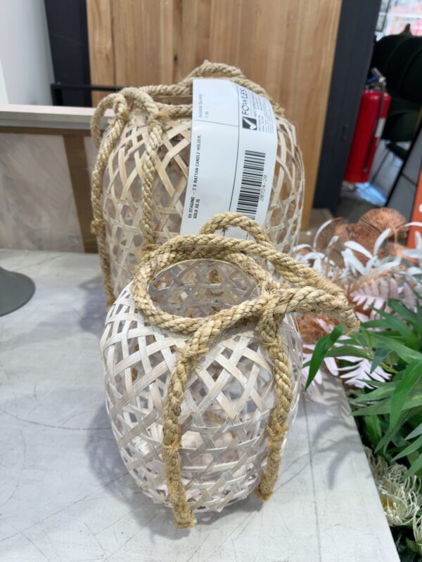 EX STAGING - 2 X RATTAN CANDLE HOLDER, SOLD AS IS