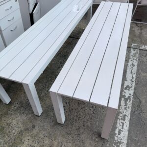 EX STAGING, WHITE METAL BENCH SEAT, SOLD AS IS