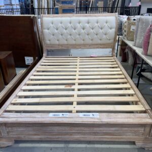 NEW FRENCH PROVINCIAL QUEEN BEDFRAME, ACACIA WHITE WASH TIMBER WITH DIAMOND TUFTED LIGHT OATMEAL UPHOLSTERED BED HEAD RRP$1999 BM2844 - 4 BOXES ON PICK UP