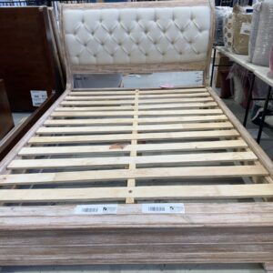 NEW FRENCH PROVINCIAL KING BEDFRAME, ACACIA WHITE WASH TIMBER WITH DIAMOND TUFTED LIGHT OATMEAL UPHOLSTERED BED HEAD RRP$2199 BM2844 - 4 BOXES ON PICK UP