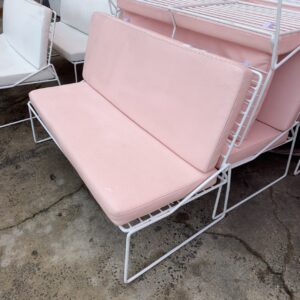 EX HIRE PINK GARDEN PU COUCH WITH WHITE METAL FRAME, SOLD AS IS