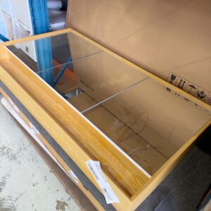 EX DISPLAY LARGE TIMBER FRAMED MIRROR OVERHEAD CABINET, 1500MM WIDE X 800MM HIGH, WITH OPEN SHELF BELOW, SOLD AS IS