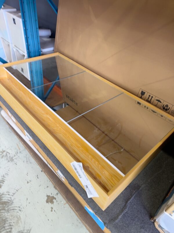 EX DISPLAY LARGE TIMBER FRAMED MIRROR OVERHEAD CABINET, 1500MM WIDE X 800MM HIGH, WITH OPEN SHELF BELOW, SOLD AS IS