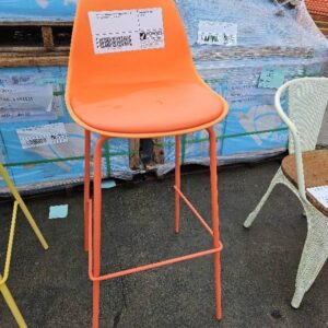 EX HIRE- ORANGE ACRYLIC BARSTOOL WITH PADDED PU SEAT SOLD AS IS
