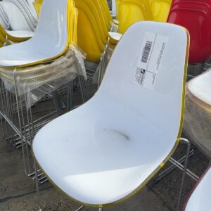 EX HIRE BAR STOOL, GLOSS YELLOW ACRYLIC BACK WITH WHITE SEAT, SOLD AS IS