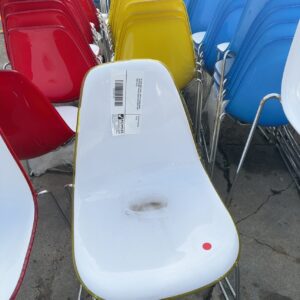 EX HIRE BAR STOOL, ACRYLIC DINING CHAIR WITH GLOSS YELLOW BACK WITH WHITE SEAT, SOLD AS IS