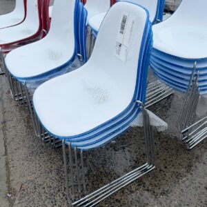 EX HIRE - BLUE GLOSS ACRYLIC CHAIR WITH WHITE SEAT, SOLD AS IS