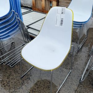 EX HIRE - YELLOW GLOSS ACRYLIC CHAIR WITH WHITE SEAT, SOLD AS IS