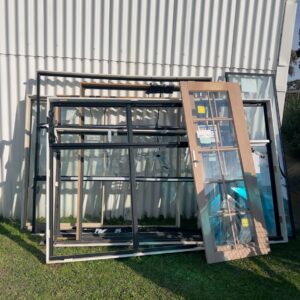 APPROX 6 ASST'D INCOMPLETE ALUMINIUM FRAMES, 3 ASST'D SASHES AND 2 COLONIAL GLASS DOORS ALL SOLD AS ONE LOT