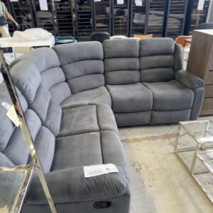 NEW CAMBRIDGE DARK GREY CORNER COUCH WITH MANUAL RECLINERS, SOLD AS IS