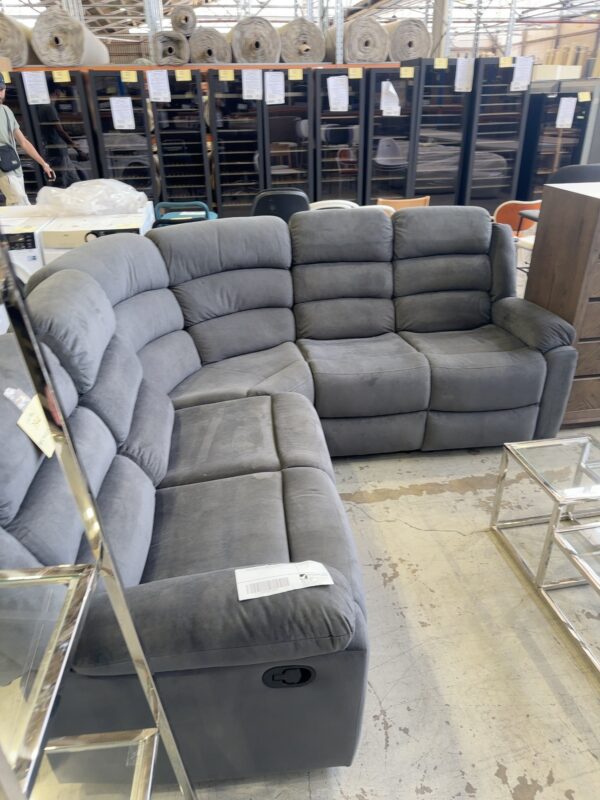 NEW CAMBRIDGE DARK GREY CORNER COUCH WITH MANUAL RECLINERS, SOLD AS IS