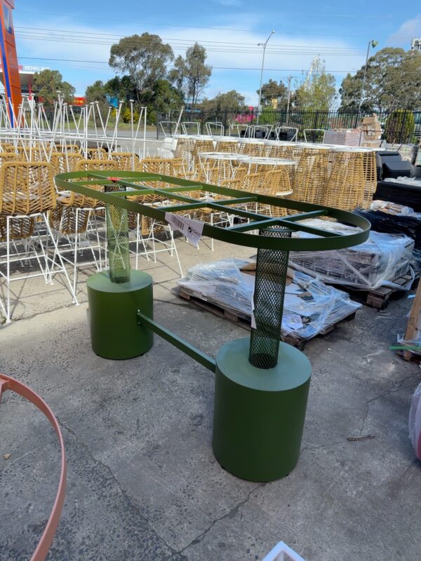 EX HIRE GREEN METAL TABLE BASE, SOLD AS IS