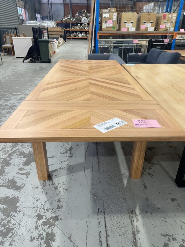 EX DISPLAY FLINDERS 1800MM NATURAL MESSMATE EXTENDING DINING TABLE, EXTENDS TO 2700MM, HERRINGBONE DESIGN, **SOME CLICKING ON EXTENSION** SOLD AS IS RRP$2365