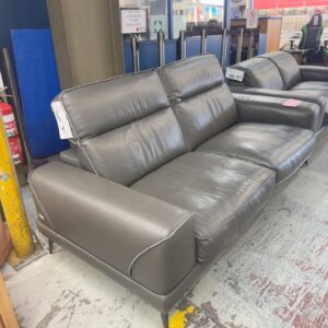 EX DISPLAY THICK SLATE GREY LEATHER 3 SEATER COUCH, SOLD AS IS