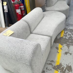 EX HIRE BOUCLE COCO CHAISE LOUNGE, SOLD AS IS, SOME MARKS, TEAR ON BACK OF CORNER, SOLD AS IS