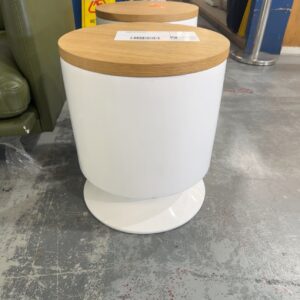 EX HIRE WHITE CERAMIC SIDE TABLE, WITH TIMBER TOP, SOLD AS IS