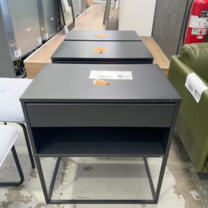 EX HIRE BLACK BEDSIDE TABLE, SINGLE DRAWER, SOLD AS IS