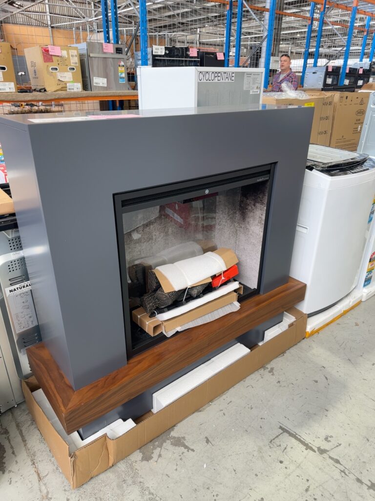 CARTON DAMAGE STOCK - DIMPLEX SHERWOOD GREY MANTLEPIECE HEATER WITH TIMBER STEP, RRP$2499, WITH 3 MONTH WARRANTY