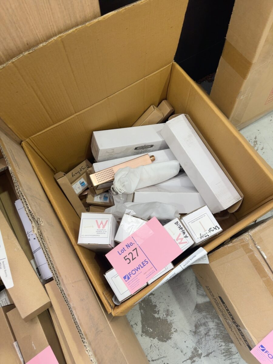 BOX OF ASSORTED ROSE GOLD AND ANTIQUE BRONZE SPOUTS, CEILING ARMS, ETC, SOLD AS IS