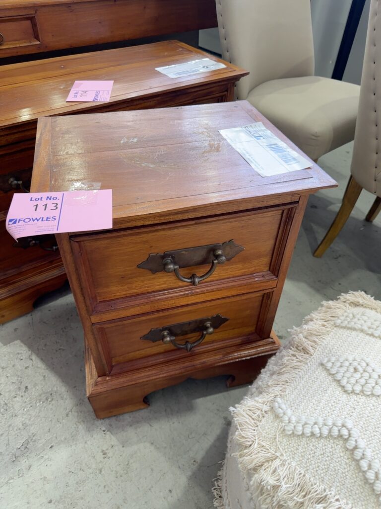 EX STAGING FURNITURE - TIMBER BEDSIDE TABLE, WATERMARK ON TOP, SOLD AS IS