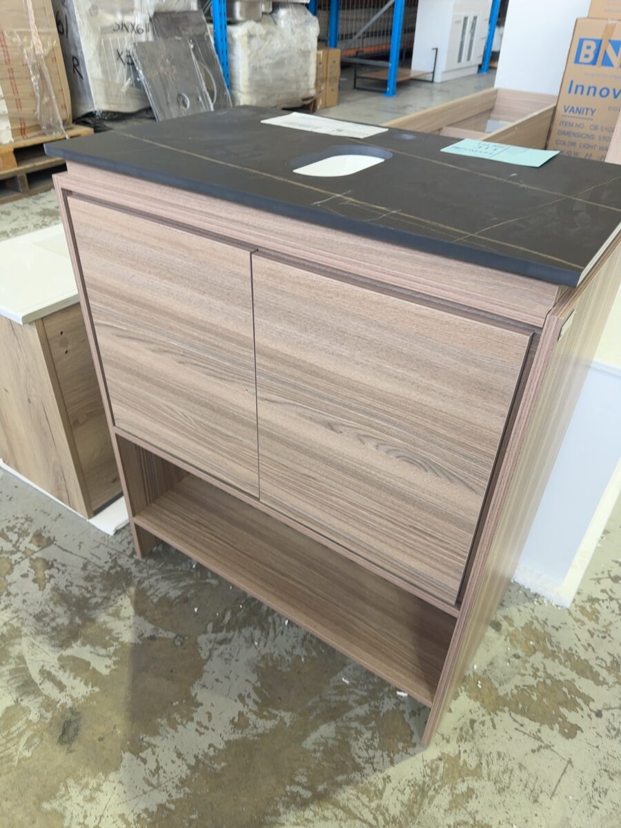 NEW LIGHT WALNUT LAMINATE VANITY CABINET 750MM, WITH PORCELAIN BLACK TOP CB-54075(LW)