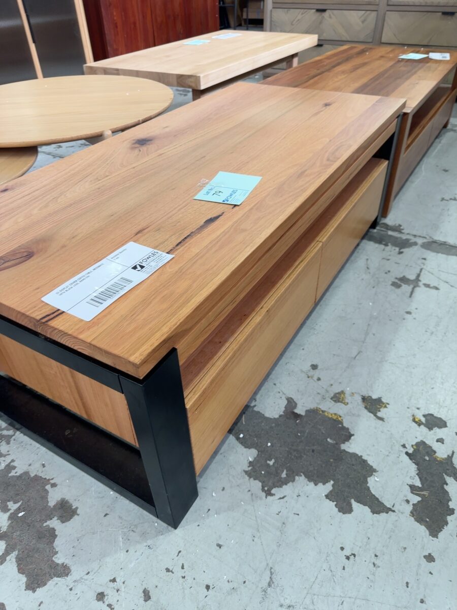 EX DISPLAY COWEN COFFEE TABLE, MESSMATE WITH BLACK LEGS, RRP$1299