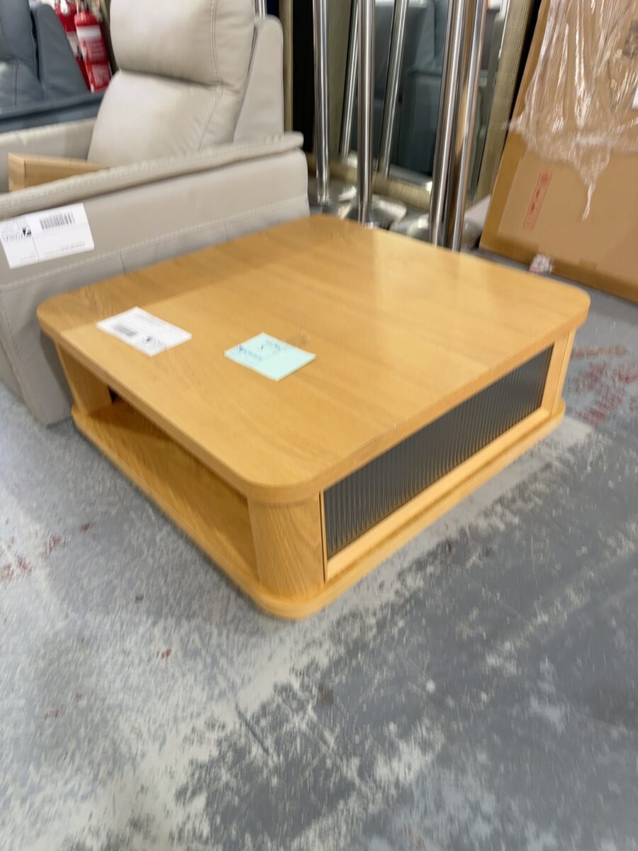 EX DISPLAY ASTON 900MM SQUARE AMERICAN OAK VENEER COFFEE TABLE WITH FLUTED GLASS SIDES, SOLD AS IS RRP$899