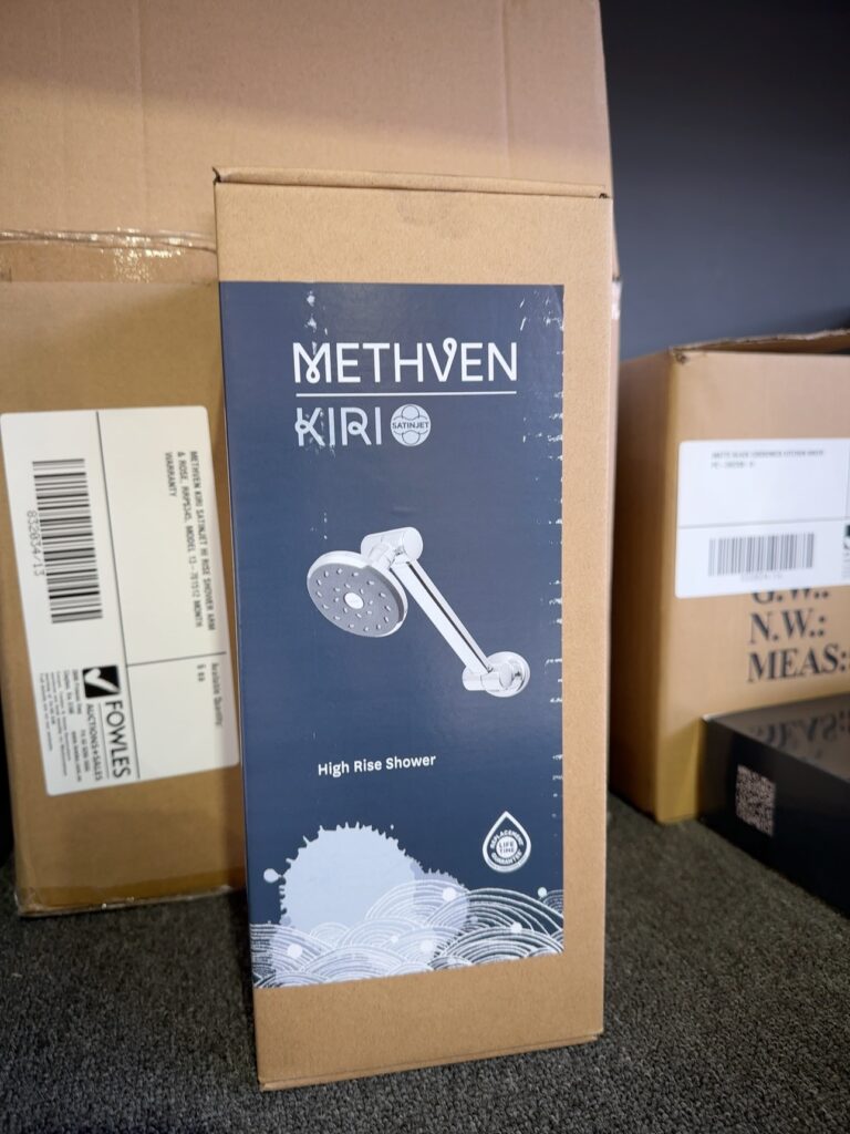 METHVEN KIRI SATINJET HI RISE SHOWER ARM & ROSE, RRP$345, MODEL 13-7015 12 MONTH WARRANTY