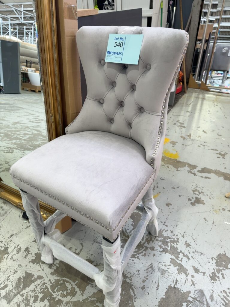 BRAND NEW DOVE GREY ANTOINETTE VELVET BARSTOOL, STUD DETAIL WITH BACK RING HANDLE AU1094