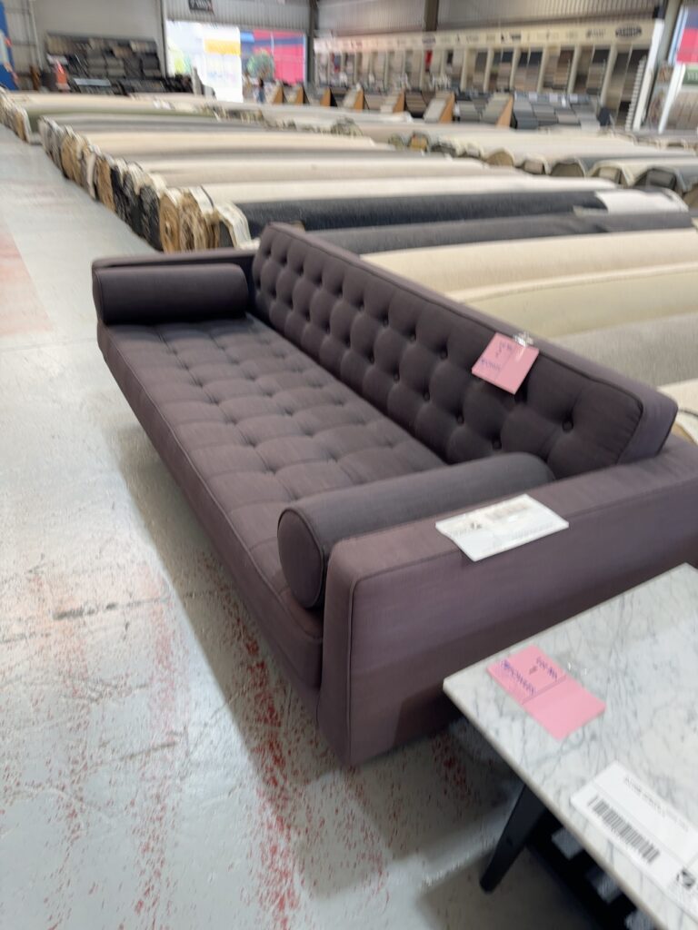 EX STAGING FURNITURE - DARK GREY 3 SEATER COUCH, BUTTON BACK SOLD AS IS