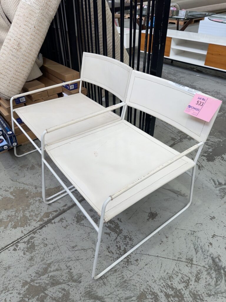 EX STAGING FURNITURE - WHITE LEATHER LOW CHAIR, WHITE FRAME, SOLD AS IS