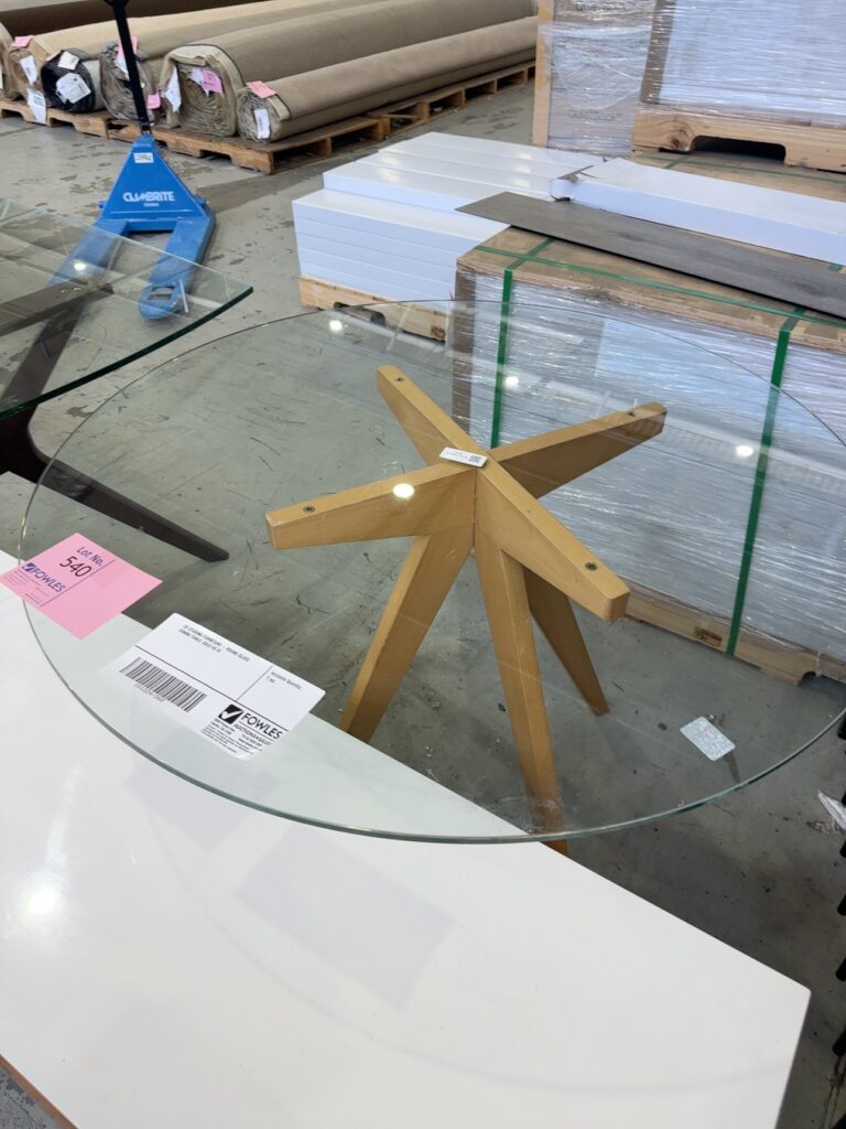 EX STAGING FURNITURE - ROUND GLASS DINING TABLE, SOLD AS IS