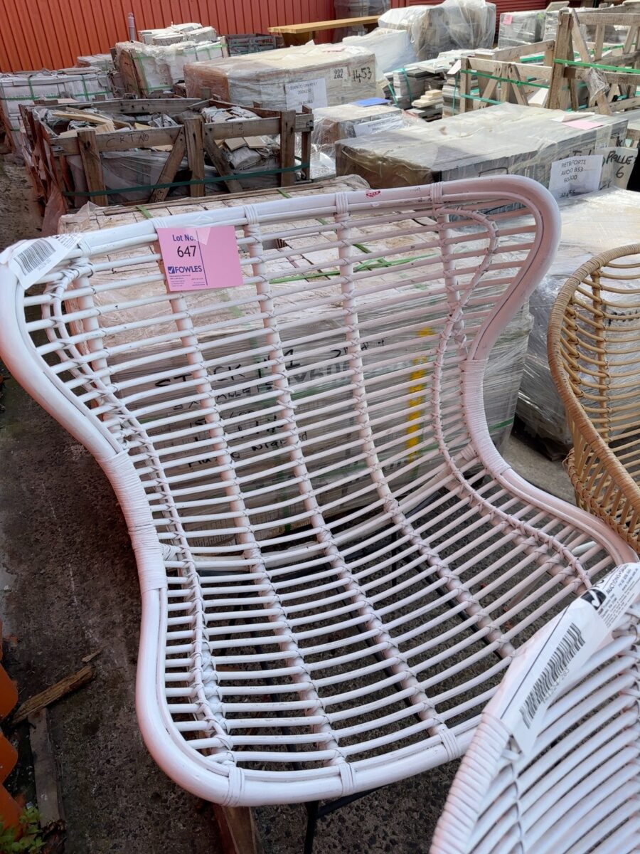 EX STAGING FURNITURE - WHITE CANE OUTDOOR CHAIR, SOLD AS IS