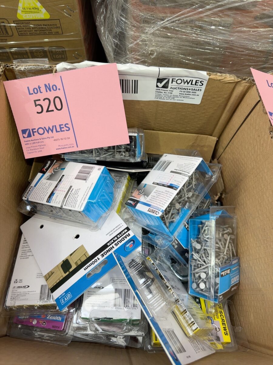 BOX OF ASSORTED HARDWARE STORE STOCK, SOLD AS IS