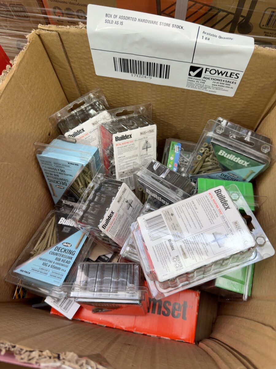 BOX OF ASSORTED HARDWARE STORE STOCK, SOLD AS IS